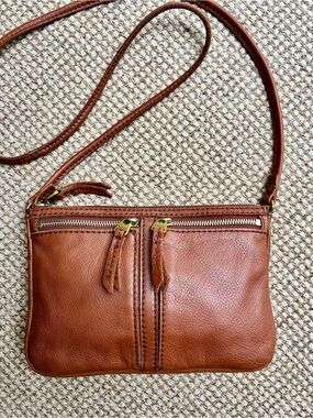 🦕Fossil Brown Leather Crossbody Organizer Purse Double Zip Bag